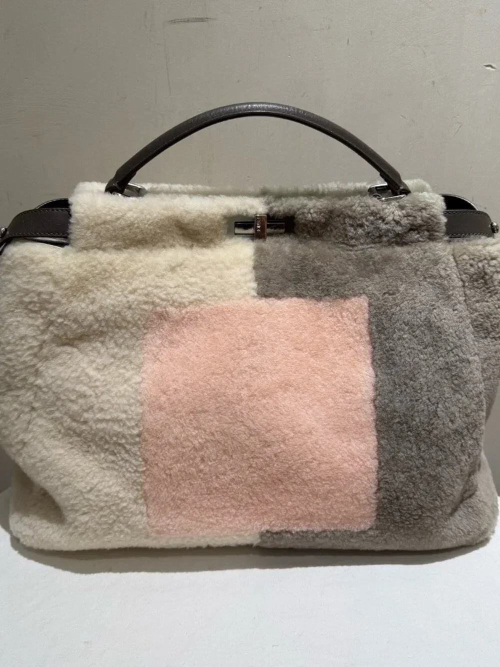 Fendi Peekaboo Medium Patchwork Shearling Top‑Handle Handbag